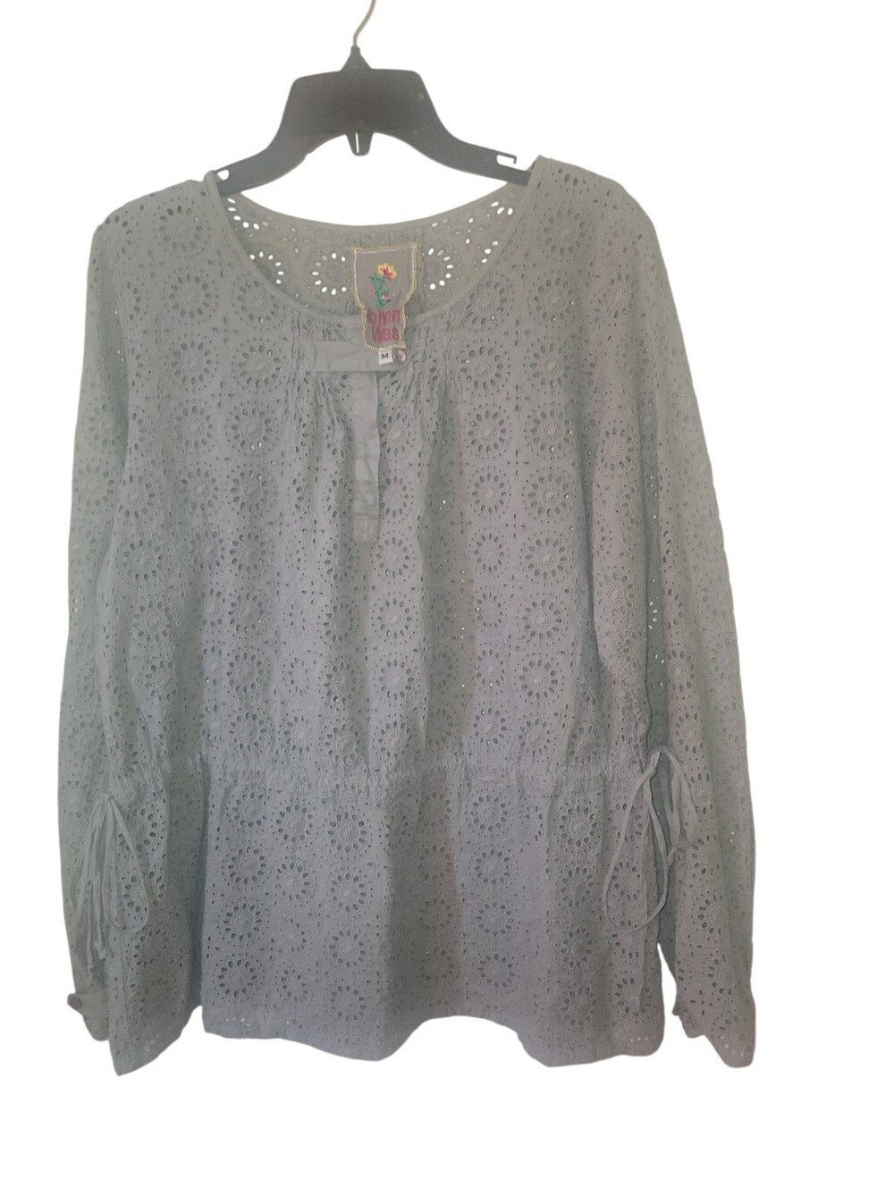 Johnny Was Gray Eyelet Lace Long-Sleeve Side Drawstring Cotton M